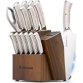 Astercook Knife Set Kitchen with Block and Dual Sharpener Full Tang 15 Pcs German Stainless Steel Knives Dishwasher Safe Kitchen Utensils Set with Anti-slip Ergonomic Handle, Elegant White