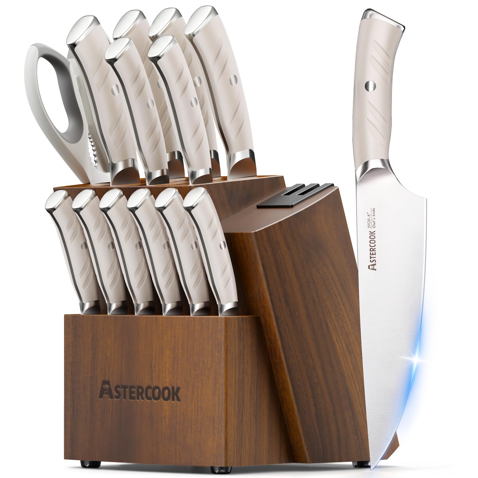 Photo 1 of Astercook Knife Set Kitchen with Block and Dual Sharpener Full Tang 15 Pcs German Stainless Steel Knives Dishwasher Safe Kitchen Utensils Set with Anti-slip Ergonomic Handle, Elegant White
