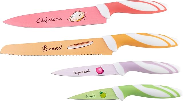 Axentia Messerset 4 Teilig Buntes Kuchenmesser Set Mit Motiven Fleischmesser Brotmesser Gemusemesser Obstmesser Edelstahl Klingen Und Softgriff Amazon De Kuche Haushalt