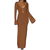 Leoparts Crochet Swimsuit Cover Up for Women Sexy V Neck Hollow Out Backless Maxi Dress Beach Bikini Coverup Dresses