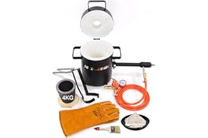 DEVIL-FORGE Gas Propane Furnace FB1Sb Full Kit - 4Kg Crucible Tongs Heat Resistant Gloves 1 DFC Burner 180.000 BTU Foundry Metalsmiths 2642°F/1450°C Brass Copper Bronze Silver etc