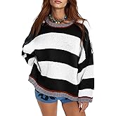 SHINFY Fall Womens Striped Sweaters Y2K Color Block Long Sleeve Knitted Oversized Crew Neck Pullover Sweater