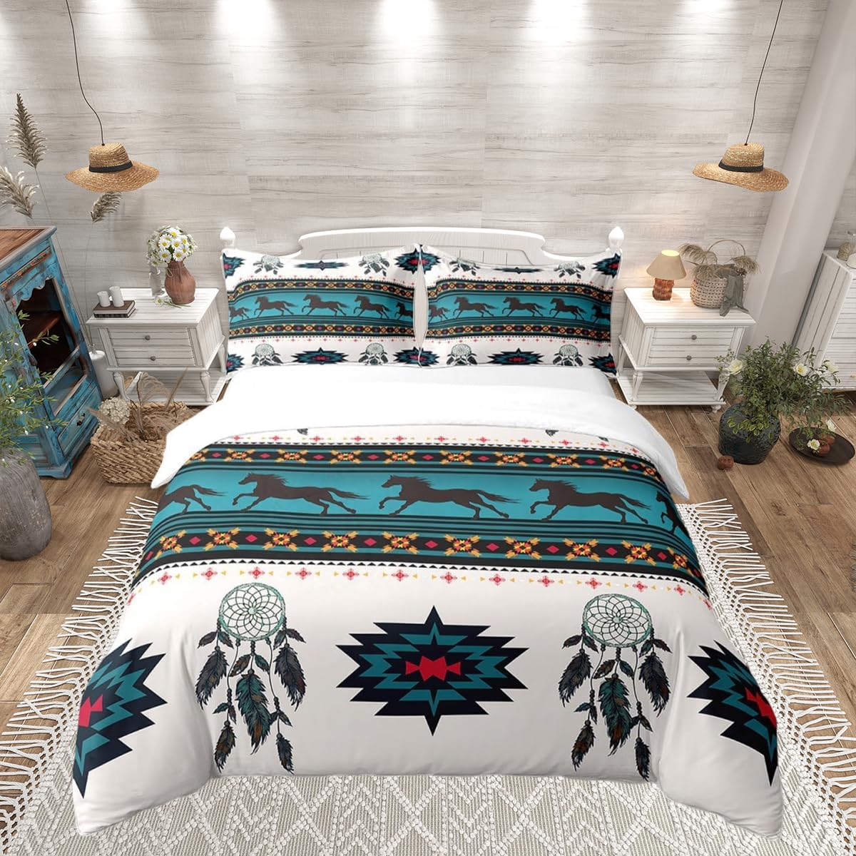 Loussiesd Horse Duvet Cover Dreamcatcher Bedding Set Boho Exotic Style Comforter Cover for Boys Girls Bohemian Native Tribal Bedspread Cover Single Size