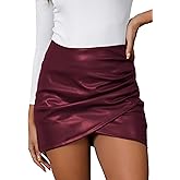 We1Fit Womens Fuax Leather Skirt High Waist Bodycon Mini Asymmetrical Ruched Wrap Skirts with Shorts