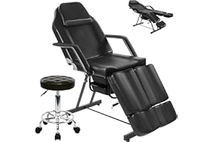 KIIUMI Tattoo Chair for Client, Facial Bed Esthetician Massage Headrest Table with Rolling Stool, Split Legs Design, Professional Beauty Lash Bed for Salon Spa Barber Massage Equipment, Black