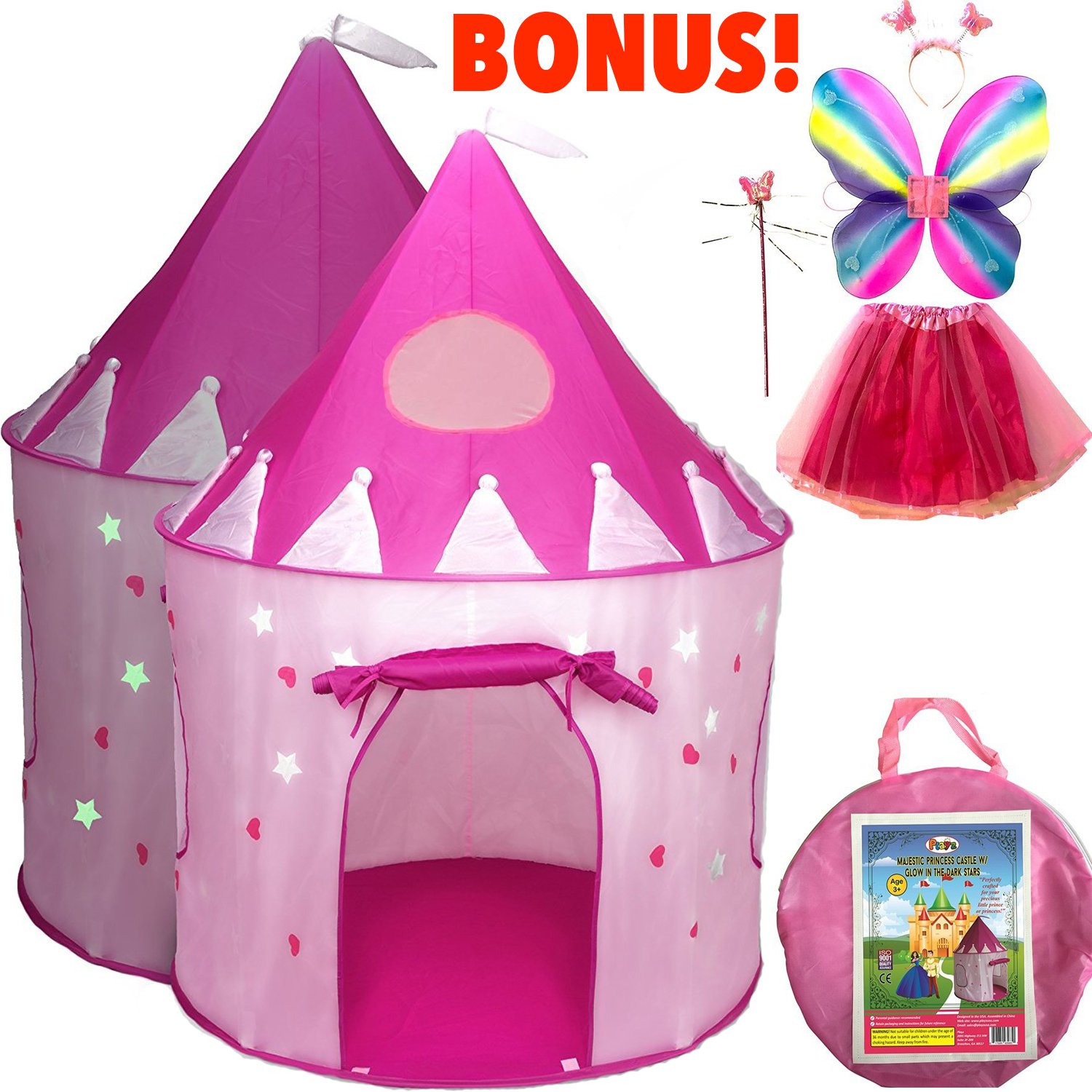 5-Piece Princess Castle Girls Play Tent w/ Glow in The Dark Stars & Butterfly Fairy Dress Up Costume - Childrens Play Tents for Indoor & Outdoor Use with Pink Girls Playhouse Fairy Tale Carrying Case