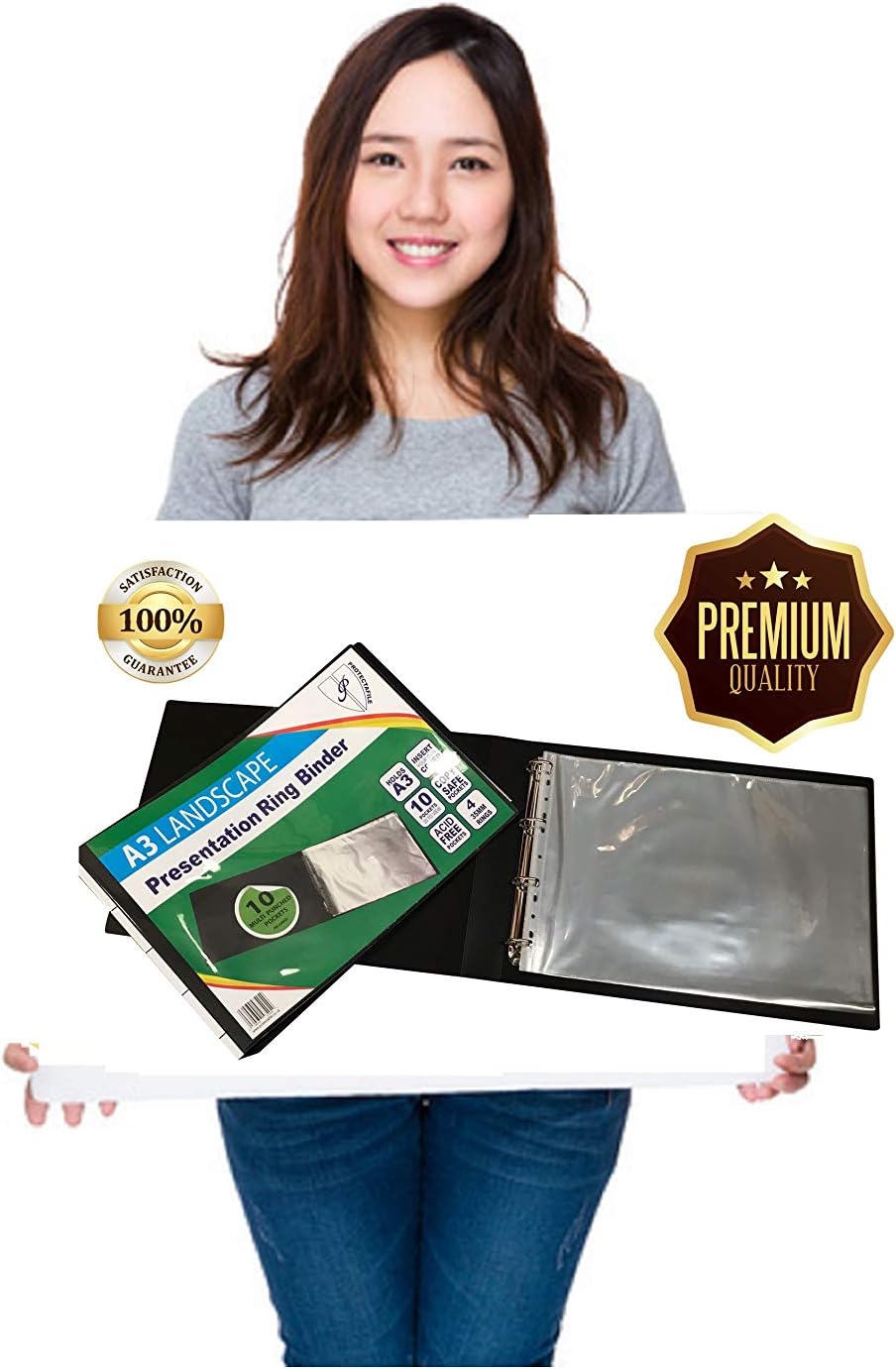 A3 Deluxe Landscape 4-D Ring Binder Folder File Art Black Presentation Portfolio + 5 Sleeves