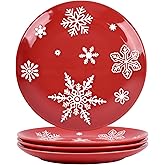 Ollieroo 4 Pieces Ceramic Christmas Salad Plates Set, 8 Inch White Red Snowflake Xmas Holiday Porcelain Side Appetizer Dishes Serving Dessert Plates Set, Microwave and Dishwasher Safe