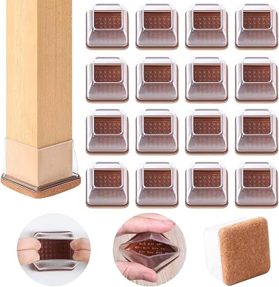Ezprotekt Chair Leg Protectors 16 Pcs Square Clear Silicone with Felt