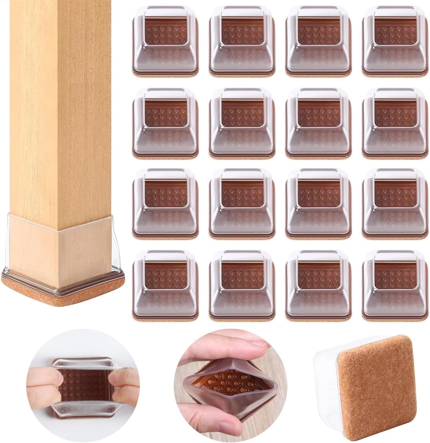 Chair Leg Floor Protectors, 16 Pcs Small Silicone Chair Leg Caps with Felt, Silicon Chair Leg Protection Covers, Chair Feet Protectors No Scratches No Noise Clear Silicone Square