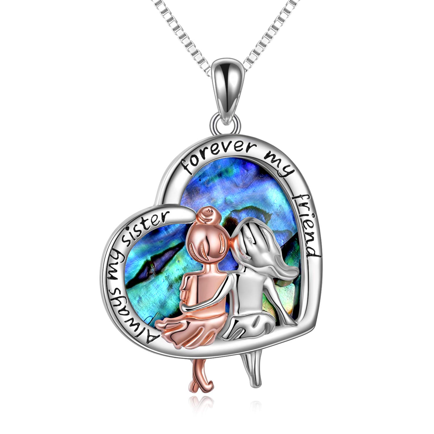 VONALA Sister Necklace, 925 Sterling Silver Necklace for Women Always My Sister Forever My Friend Love Heart Pendant with Australian Abalone Jewellery Birthday Gifts — image 1