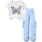EuquixZeph Girls 2 Piece Outfits Kids Short Sleeve T-Shirt Top Cargo Pants Sweatsuit Tracksuit Jogger Sweatpants Sets 4-13Y