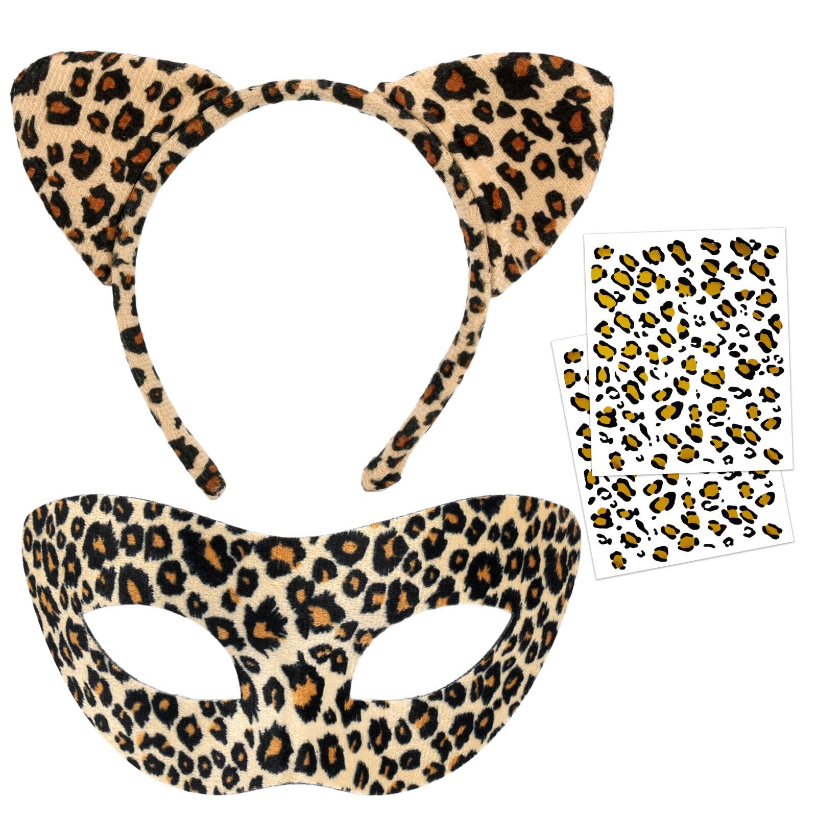 MWOOT Halloween Costume Headband, Leopard Mask Cosplay Accessories Set Leopard Cat Ears Hairband Cheetah Print Mask with 2 Sheets Temporary Tattoos for Cosplay Party