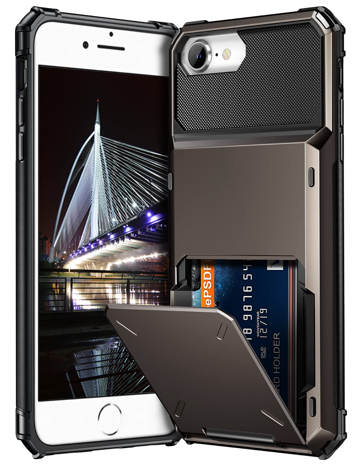 Photo 1 of Vofolen for iPhone 6s Case iPhone 8 Wallet iPhone SE 2020 Case Credit Card Holder ID Slot Pocket Dual Layer Protective Bumper Rugged TPU Rubber Armor Hard Shell Cover for iPhone 6 6s 7 8 SE2 Gun Color