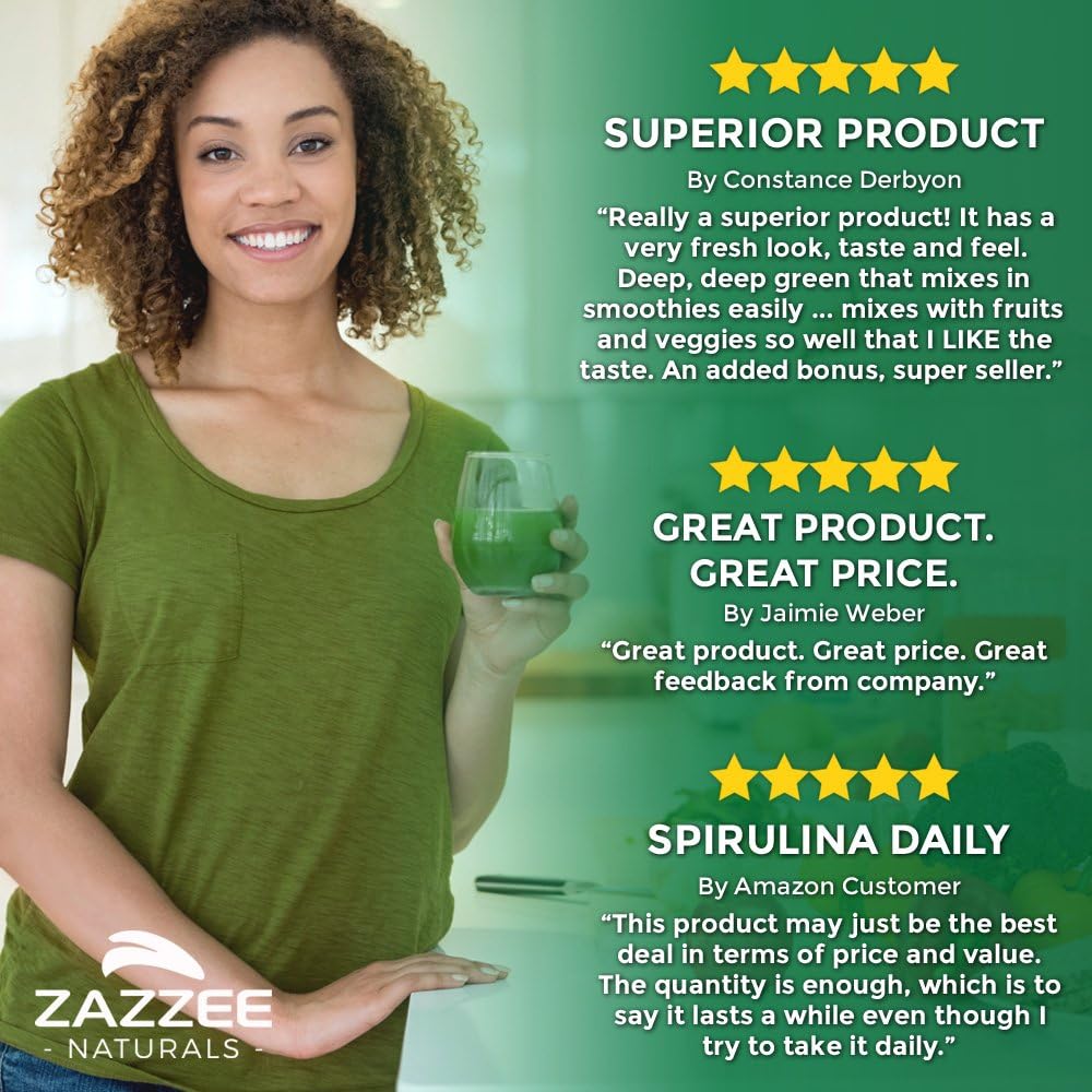 Zazzee USDA Organic Spirulina Powder 2.2 Pounds (1 KG), 303 Servings, 100% Pure and Non-Irradiated, Vegan, All-Natural, and Non-GMO, Mess-Free Wide Mouth Container, Fresh Smell and Neutral Taste: Health & Personal Care
