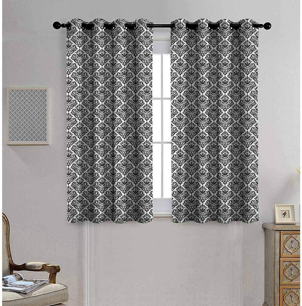 Damask Grommet Curtains 63 Inches Long Black White Patio Door Curtains