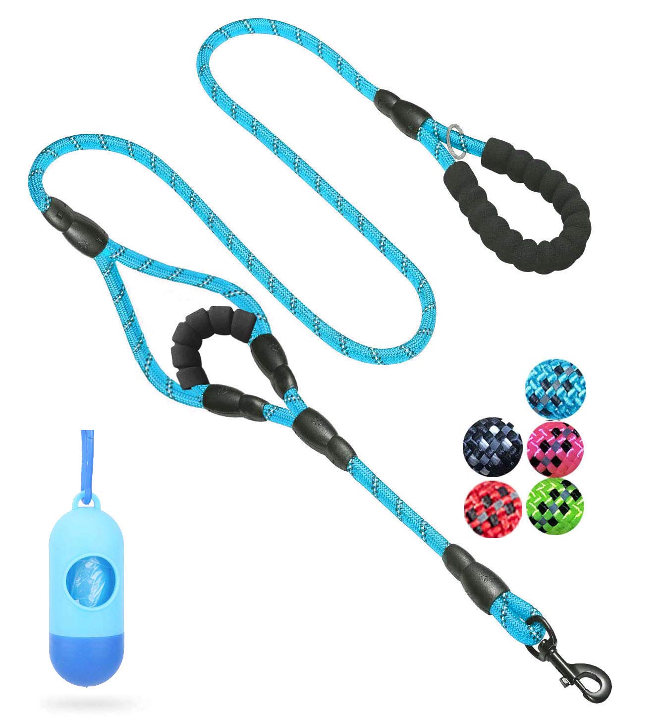 JSXD Heavy Duty Double Handle Dog Leash - 5 FT, Padded & Reflective, Rope for Small to Large Dogs (Blue)