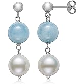 Belacqua Round Natural Blue Milky Aquamarine and White White Cultured Freshwater Pearl Drop Dangle Earrings in Sterling Silver, Real Pearl Jewelry for Women, Gift Box Included