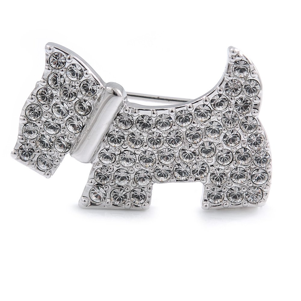 Little Doggy Crystal Brooch In Rhoduim Plated Metal - 30mm