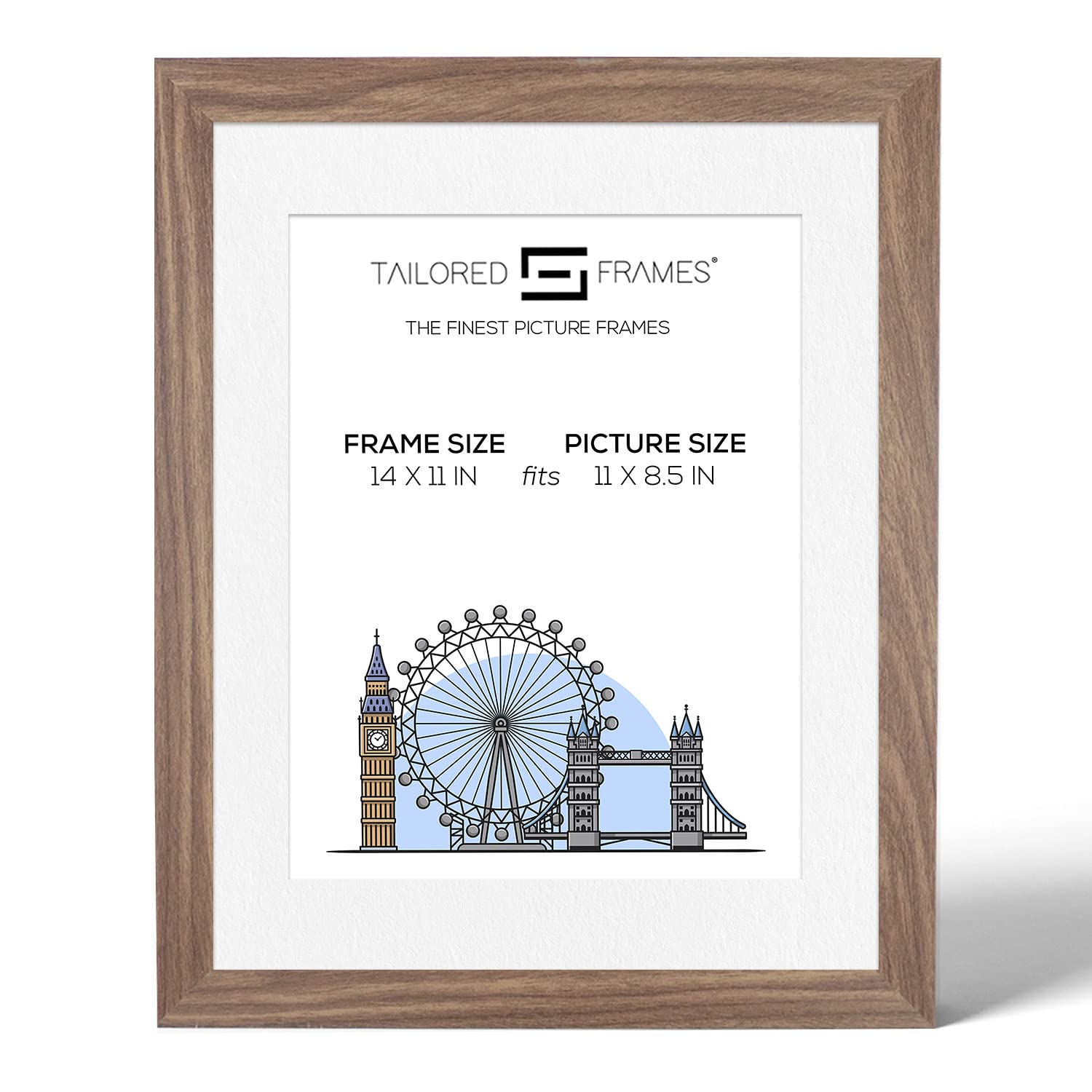 Tailored Frames Seattle Walnut 14" x 11" Frame for 11" x 8.5" Picture | Single Picture Frames | Wall Hanging Type | Photo Frame With White Mount