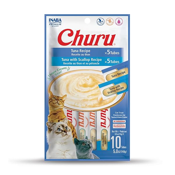 INABA CHURU CAT TREATS, GRAIN-FREE, LICKABLE, SQUEEZABLE CREAMY PURÉE CAT TREAT/TOPPER WITH VITAMIN E & TAURINE, 0.5 OUNCES EACH TUBE, 10 TUBES TOTAL/TWO FLAVORS, TUNA VARIETY