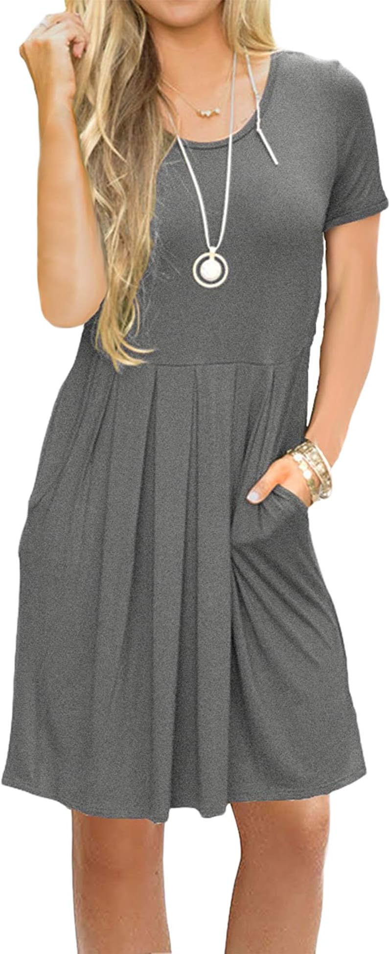 Uniboutique Women's Summer Short Sleeve Round Neck Casual Pleated Cotton Beach Dress