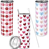 3 Pcs Valentine's Day Tumbler with Lid and Straw 20 oz Heart Tumbler Gifts for Women Friend Heart and Smile Face Reusable Coffee Mug for Hot Cold Drink Valentine Galantines Gifts for Sister Bestie Her