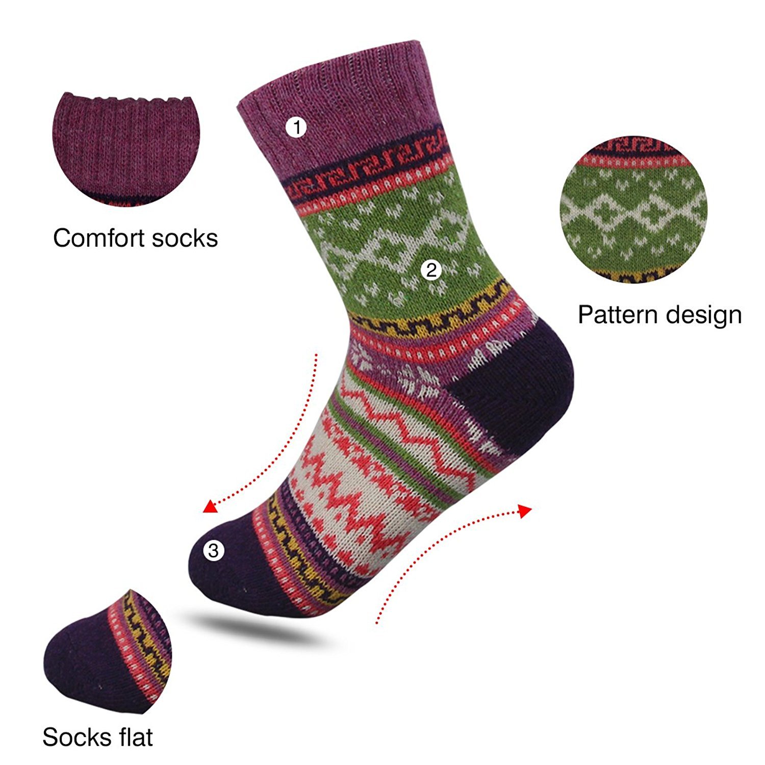 Women 5 Pairs Super Thick Knit Winter Wool Cashmere Thick Warm Soft Casual Socks, One Size,