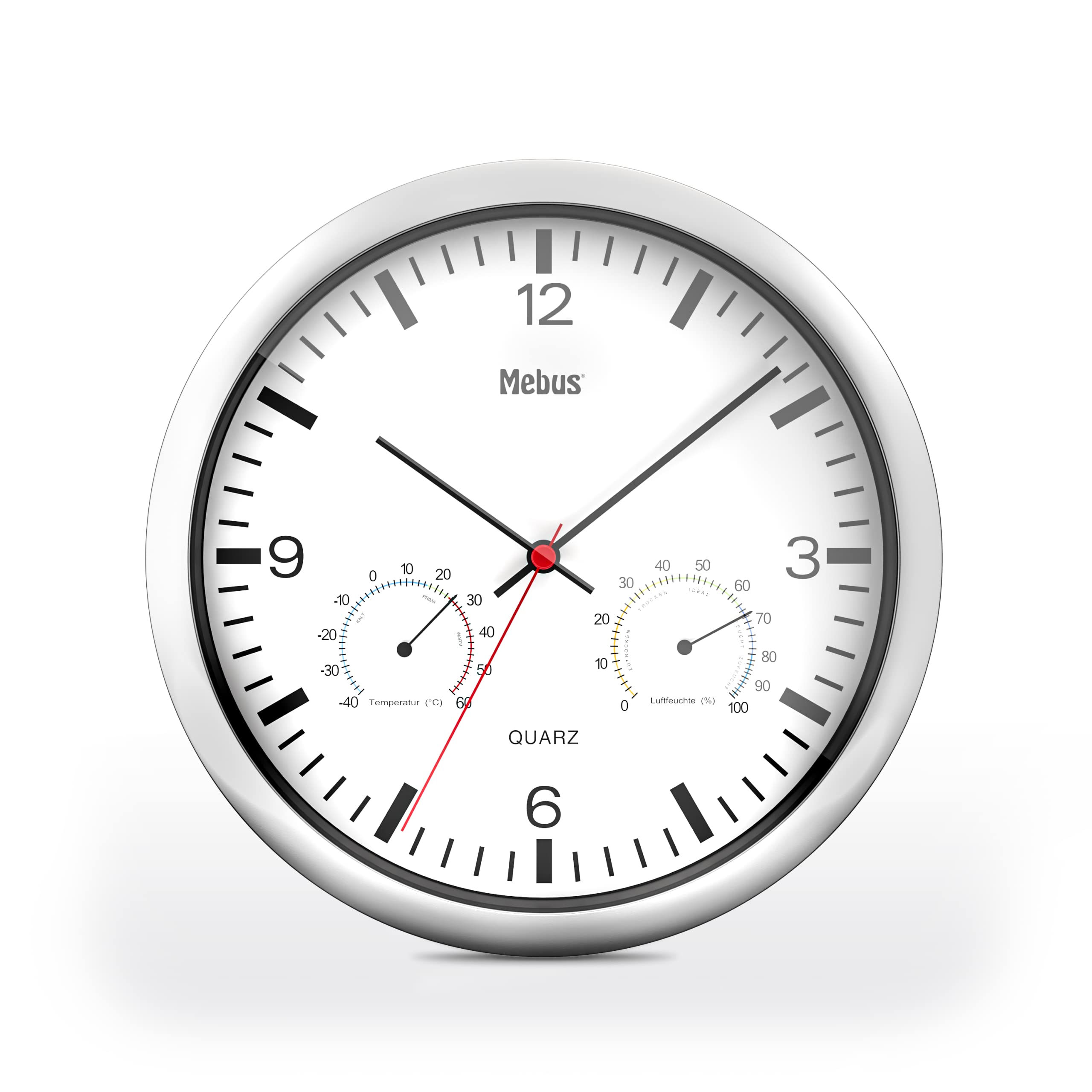 Mebus Quartz Wall Clock with Thermometer and Hygrometer Silver Frame White Dial 25 cm Diameter Round Model: 56730 Colour: Silver, White — image 1