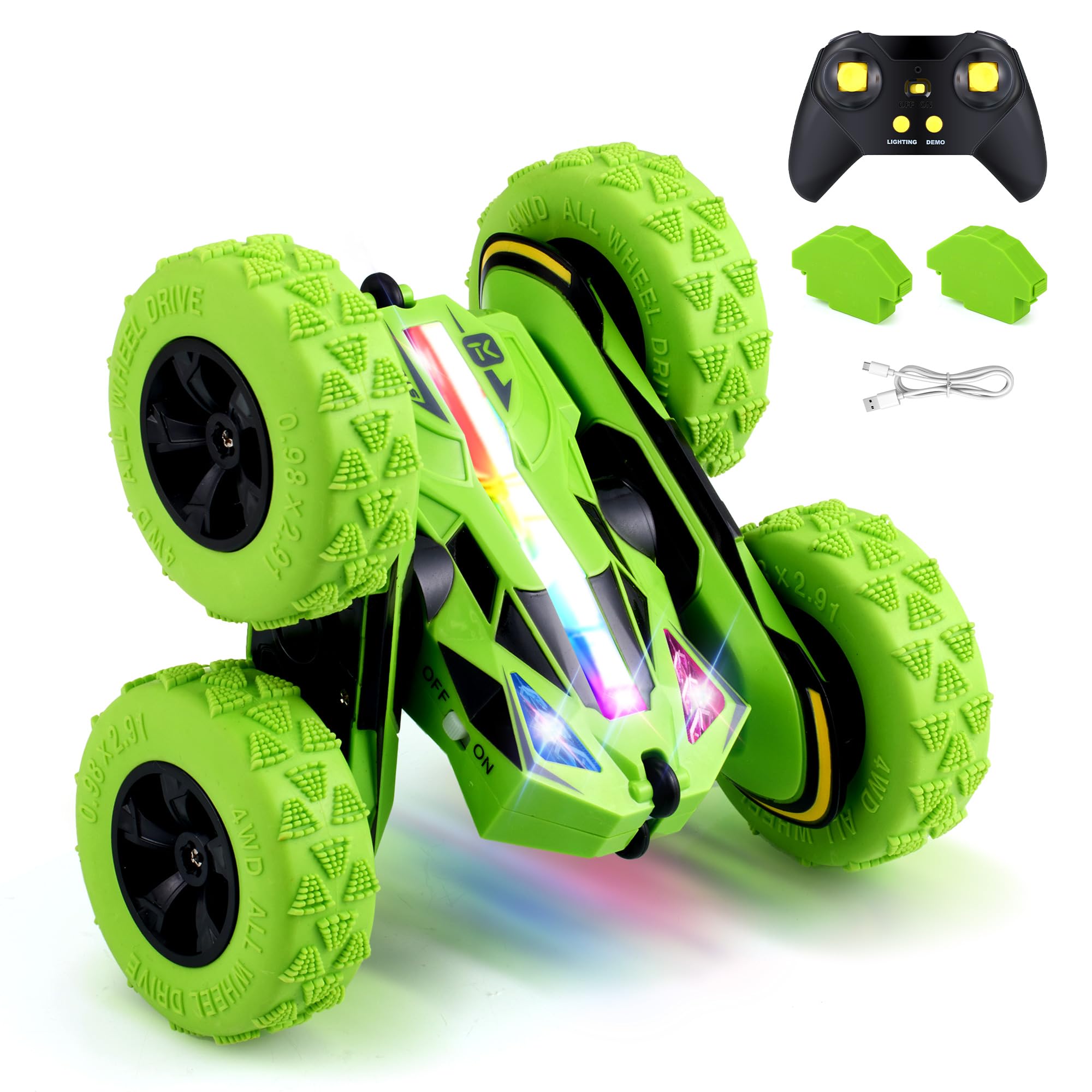 Remote Control Car RC Cars Toys for Boys Girls Ages 6-12, Upgraded USB-C Modular Batteries, Threeking 4WD Stunt Car with Breathing Soft Lights, Double-Sided Driving & 360° Flips, Presents Gifts, Green Image