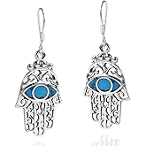 AeraVida Hand of Hamsa Mystical Ripples .925 Sterling Silver Dangle Earrings | Classic Sterling Silver Dangle Earring for women | Vintage Dangle Earrings | Gift for Daughter, Mother’s Day, Statement Fashion
