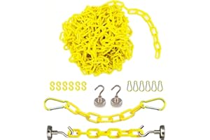 Reliabe1st 26 Feet Yellow Plastic Safety Barrier Chain with 2 Magnetic Hooks and 6 S-Hooks and 6 Carabiner Clips | Caution Security Chain Safety Chain for Crowd Control | Safety Barrier
