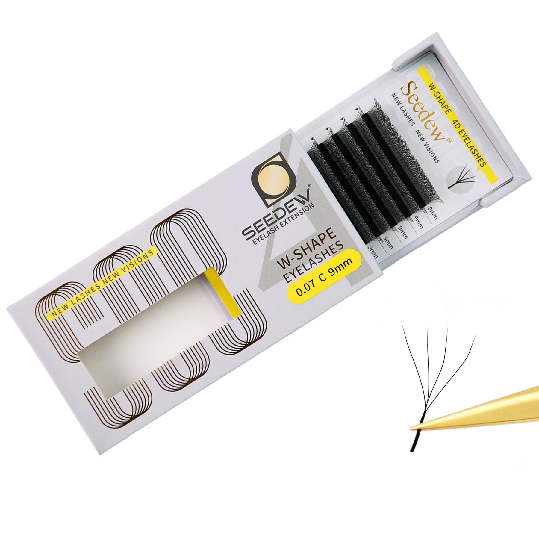 SEEDEW 4D Lash Extensions, 0.07mm C Curl 9mm 12 Rows/Tray, W Shape Flat Stem, Korean PBT Volume False Eyelashes Grafting for Beginner Artist, Lash Tech, Beauty Salon(4D-Matte Black-0.07-C-9mm) — image 1