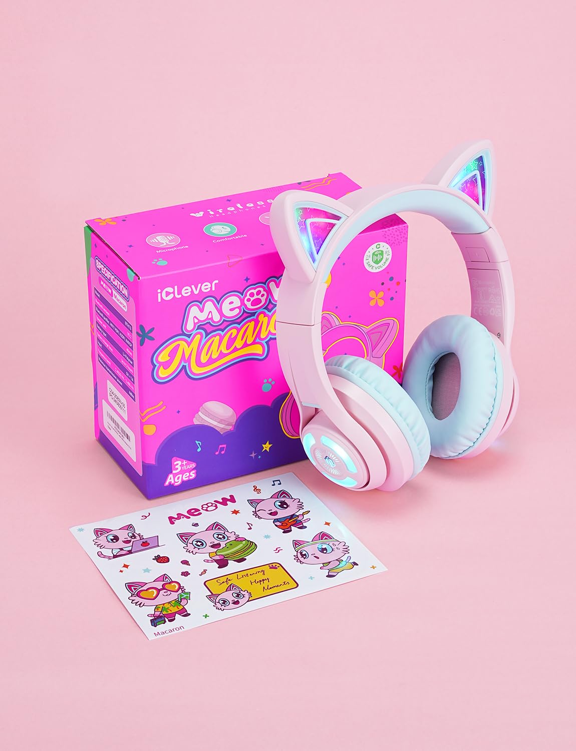 iClever Cat Ear Kids Bluetooth Headphones, LED Lights Up, 74/85dBA Safe Volume Limited, 50H Playtime,Bluetooth 5.2, USB C, Kids Headphones Wireless for Travel iPad Tablet, Meow Macaron Pink