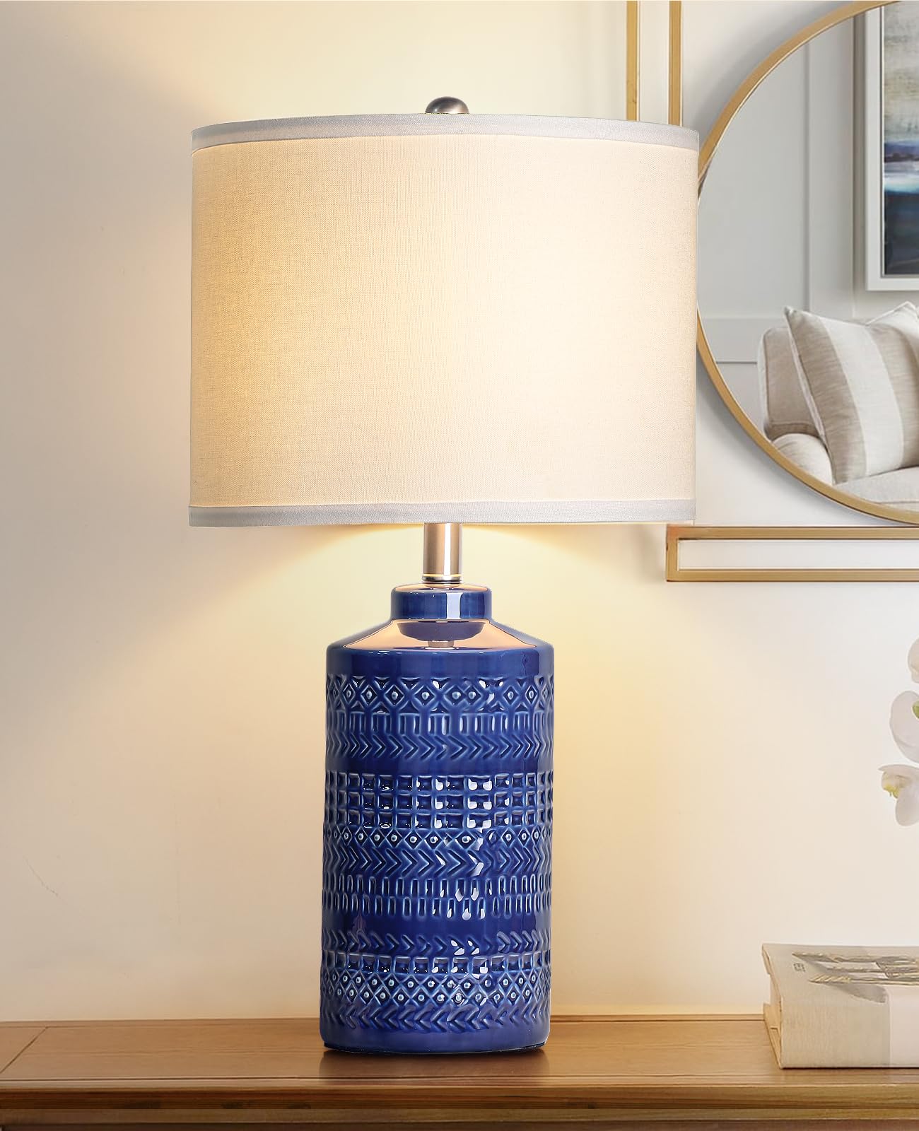 Photo 1 of JUNNAI 24.5" Navy Blue Table Lamp Modern Bedside Ceramic Lamps for Living Room 3-Way Dimmable Entryway Nightstand Farmhouse Lamp for Home Office Bedroom, Bulb Included