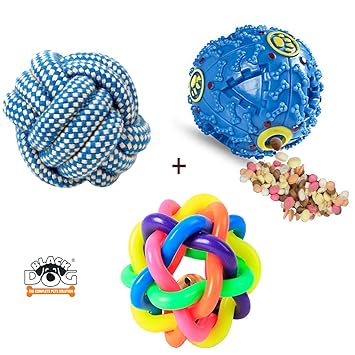 BLACK DOG Toys for Pets Pet Treat Balls, Interactive Food Treat Dispensing Pet Toys,Chew Rope Ball Toy, Pet Puzzles Toys, Natural Rubber Squeaky Toys, Dog/Cat Chew Teeth Cleaning Toys (Pack of 3)