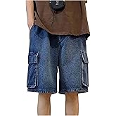 Fexrory Mens Y2K Blue Denim Shorts Aesthetic Baggy Jeans Shorts Hip Hop Straight Leg Jorts Harajuku Streetwear