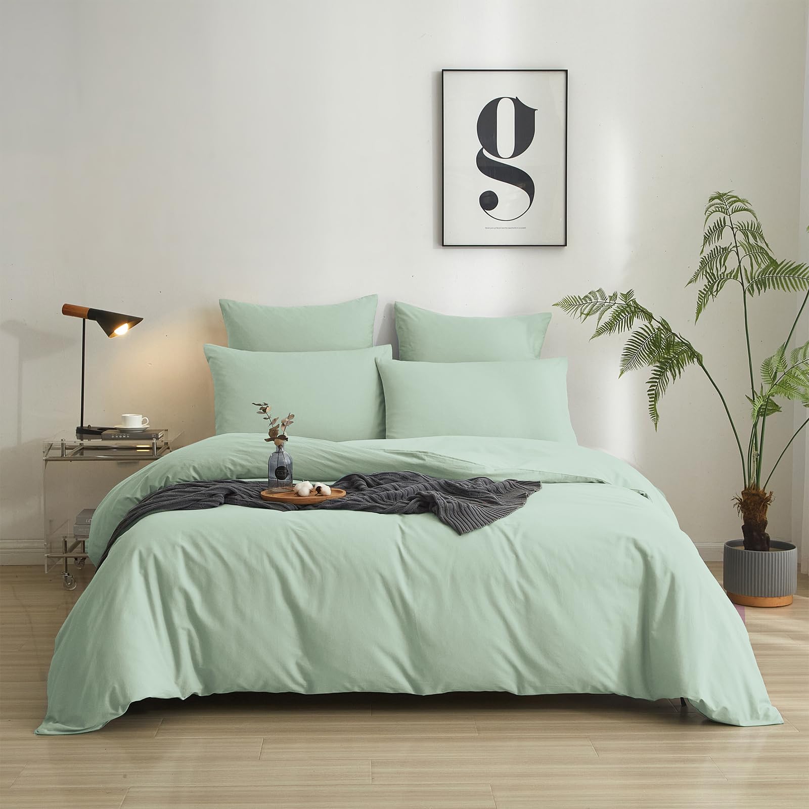 Luowei Bed Linen 200 x 200 cm Plain Green Light Green Mint Green 1 Duvet Cover and Set of 2 80 x 80 cm Pillowcases with Zip 110 g/m² Soft Microfibre