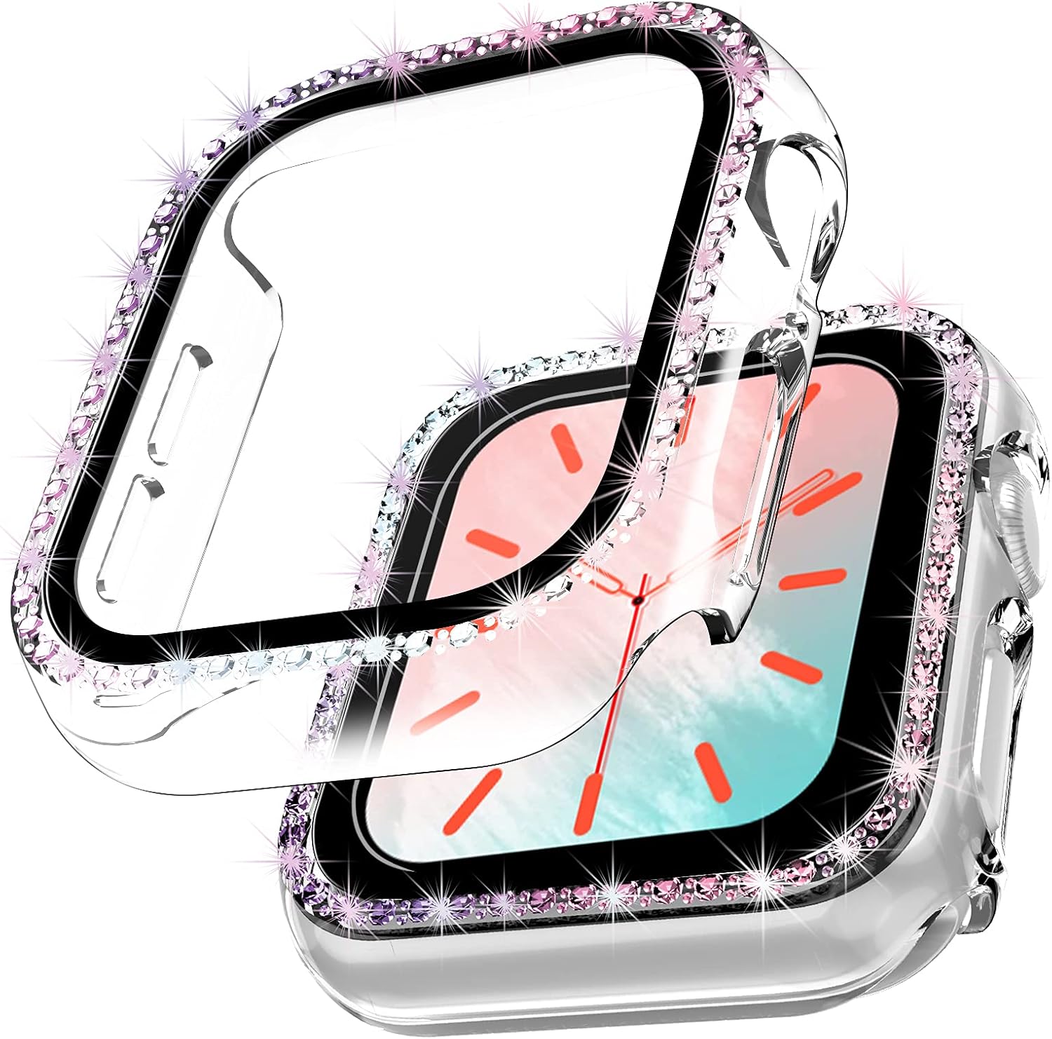 TOCOL [2 Packs] Case Compatible with Apple Watch Series 3/2/1 42mm with Built-in Tempered Glass Screen Protector [Multicolor Bling Diamond] Face Cover for Women Girls - Clear/Rainbow