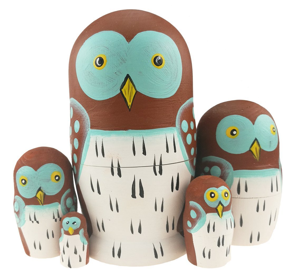 Winterworm Set of 5 Adorable Cartoon Mini Wise Smart Owl Novelty Doll Animal Nesting Dolls Wooden Stacking Toy Handmade Matryoshka Doll Kids Toy Gifts Owl Ornament Owl Party Supplies