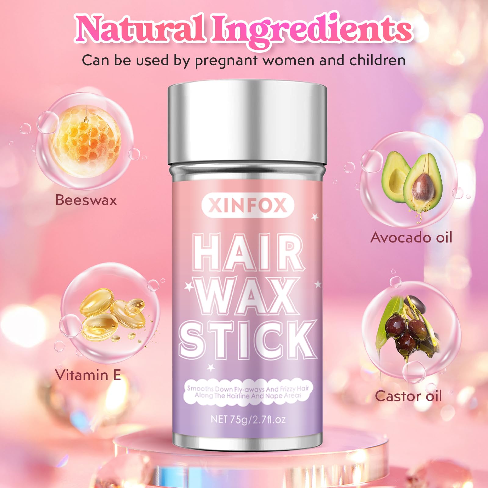 Hair Wax Stick, Slick Back Hair Brush, Wax Stick for Flyaways, Rat Tail Comb Edge Brush Styling Tool Set Accessories for Women Girls(Pink)