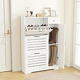 GlouMod Narrow Shoe Storage Cabinet with 3 Flip Drawers, Doors & Adjustable Shelves, Slim Shoe Rack Cabinet for Entryway Closet, Deodorizing Wooden Boot Storage Organizer Freestanding Hidden, White