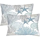 Beach Theme Throw Pillow Cover Queen Size Set of 2,Nautical Blue Coral Starfish Ocean Marine Coastal,Lumbar Pillow Case Standard Pillow Cases with Zipper Decorative Cushion Covers,20"x30",Teal Blue