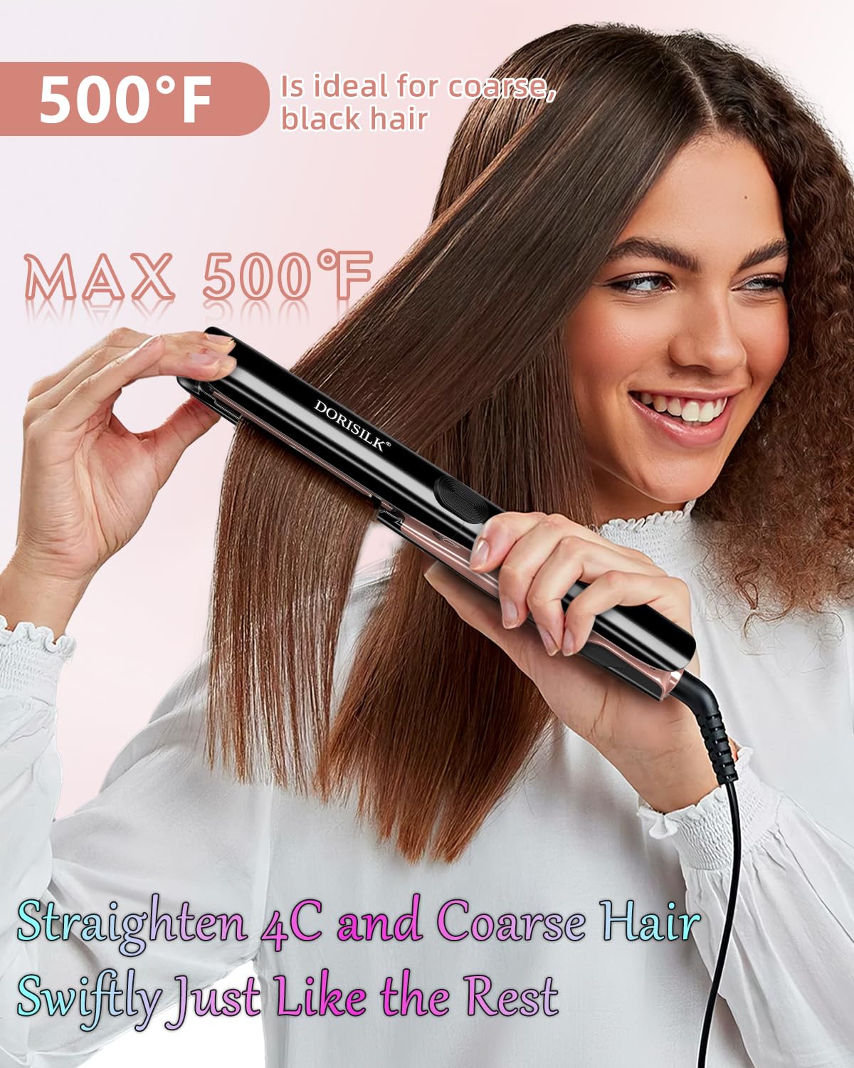 DORISILK 500 Degree High Temp Professional Hair Straightener，30s Fast Heating Ceramic Flat Iron ，2 in 1 Hair Straightener and Curler，Plasma Flat Iron Get Frizz-Free ，Dual Voltage for Travel Using