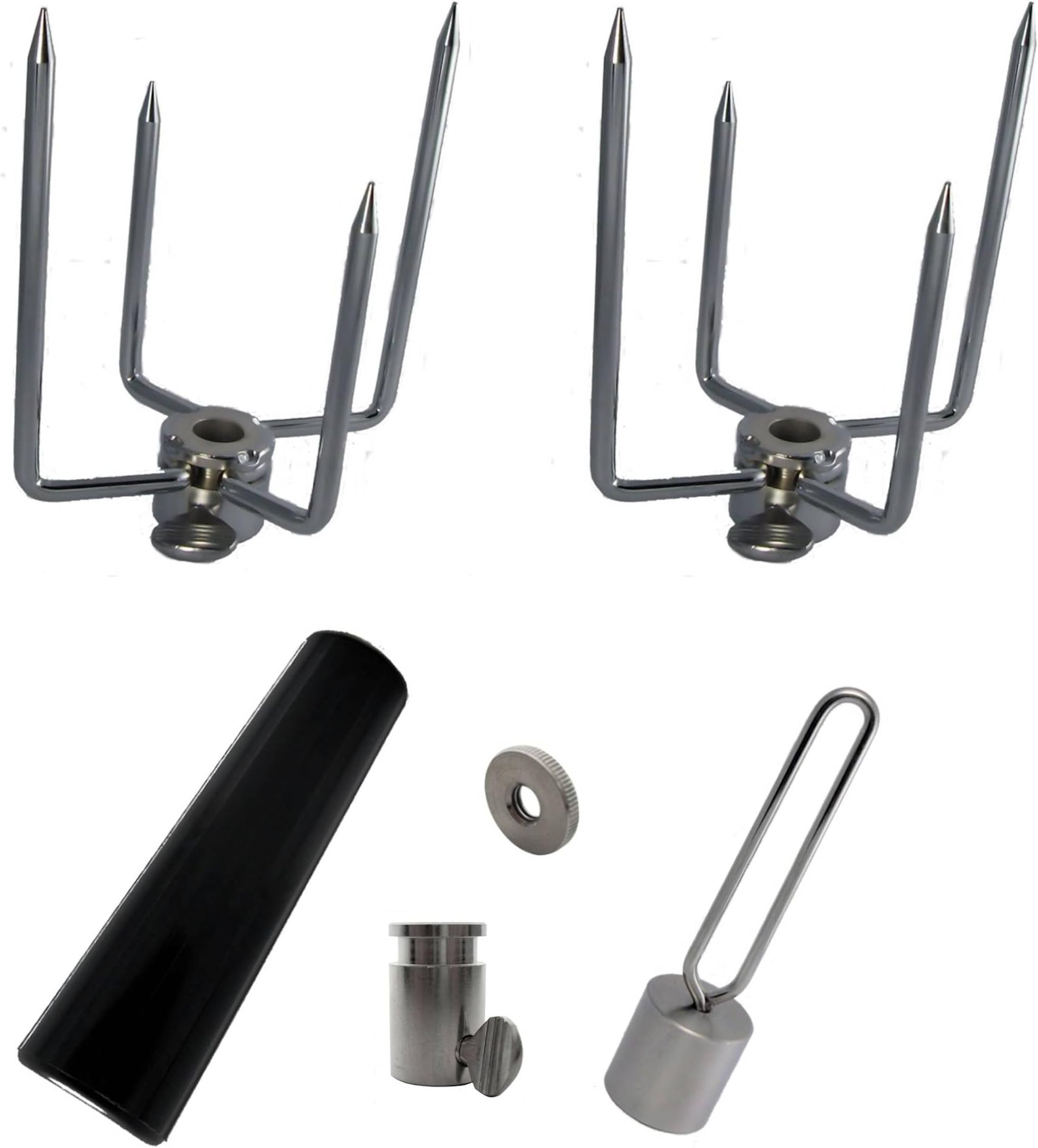 OneGrill Chrome Steel Grill Rotisserie Spit Forks Set (Fits: 1/2 Inch Hexagon, 3/8 Inch Square, & 1/2 Inch Round)