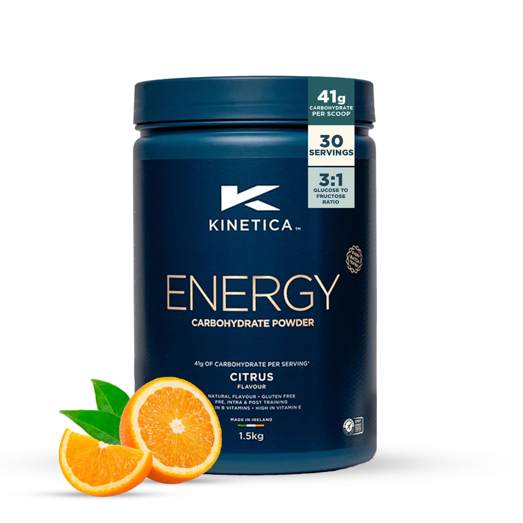 Kinetica Sports Energy Powder - Citrus Flavour | 41g Carbs/Serve, 30 Servings/1.5Kg | 3:1 Glucose to Fructose Ratio | High in Vitamin B1, B5, B6, B7, B12 | Instant Energy Carbohydrate Drink