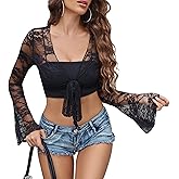 Avidlove Womens Crop Cardigan Lace Shrug Bell Sleeve Tie Front Top Y2K Sexy Sheer Bolero Going Out Outfits S-XXL
