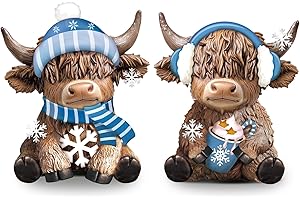 Karenhi 2 Pcs Highland Cow Figurines Winter Snowflake Highland Cow Gnomes Scottish Resin Statue Calf Lovers Gifts for Winter Home Garden Kitchen Office Tiered Tray Table Decor