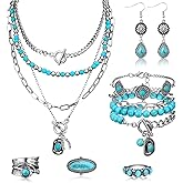 Ecally Bohemian Western Jewelry Turquoise Set Women Country Pendant Long Choker Layered Bracelets Earrings Ring for Women