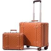 Miss.Box Vintage Carry On Luggage Set with Wheels for Women, Retro Trunk Style PU Leather Suitcase with Matching Vanity Case, 14&rdquo; &amp; 18&rdquo; Set